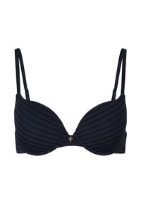 Navy blue bra with padded, plunge cups, striped texture, adjustable straps, and a small gold logo detail at the center.