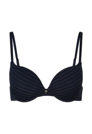 Donkerblauwe beha met gepadde, diep uitgesneden cups, gestreepte textuur, verstelbare bandjes en een klein gouden logo detail in het midden.