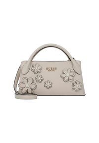 Beige Handtasche mit floralem Applikationen und Perlenakzenten. Aus glattem Leder, mit gebogenem Oberhandgriff und abnehmbarem Schultergurt.