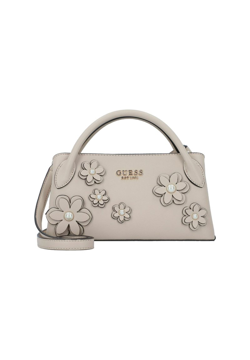 Beige Handtasche mit floralem Applikationen und Perlenakzenten. Aus glattem Leder, mit gebogenem Oberhandgriff und abnehmbarem Schultergurt.