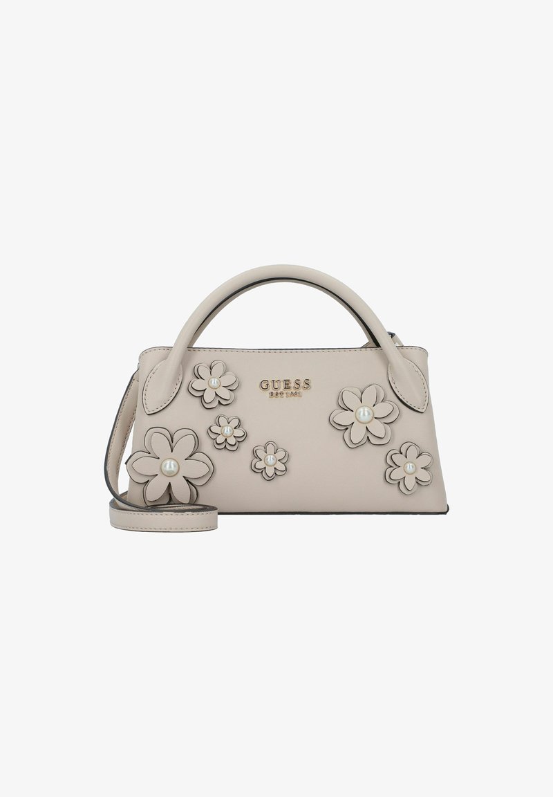 Borsa beige con applicazioni floreali, con accenti di perle. Materiale in pelle liscia, manico curvo e tracolla removibile.