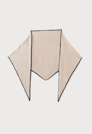 Beige triangular scarf with black zigzag trim along all edges, displayed flat against a light background.