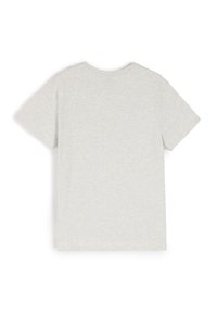 Szara bawełniana koszulka z krótkim rękawem, okrągłym dekoltem i gładką teksturą; zaprojektowana z prostym i minimalistycznym widokiem z tyłu.