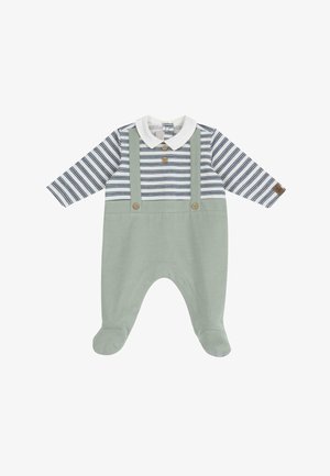Pijama de bebé de manga larga a rayas en azul marino y blanco, con parte inferior verde, detalles de botones y tirantes ajustables. Tejido suave con diseño con pies.