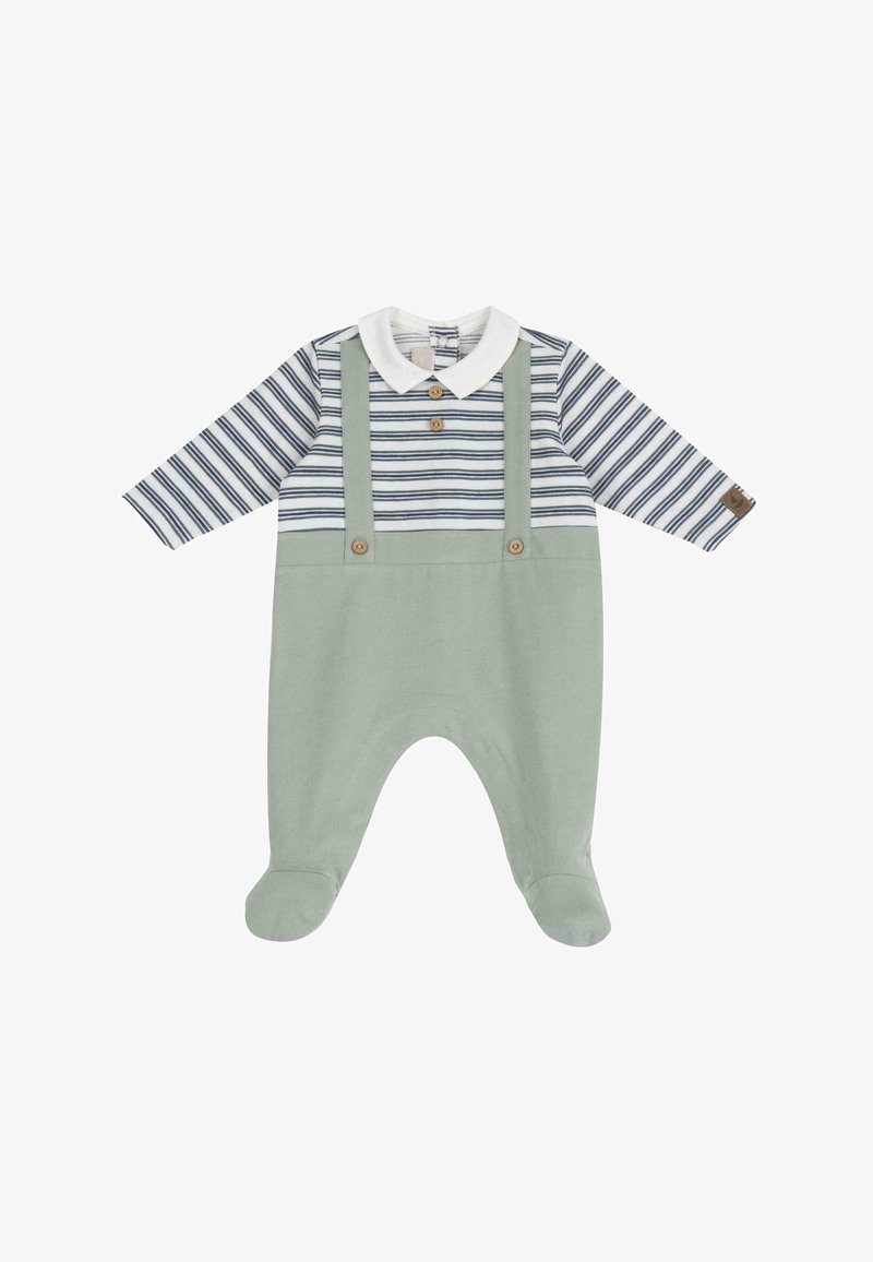 Pyjama à rayures à manches longues, en navy et blanc, avec un bas vert, des détails en boutons et des bretelles ajustables. Tissu doux avec un design pied.