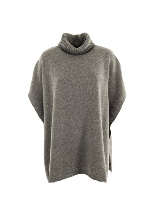 Poncho grigio a collo alto lavorato a maglia, con un colletto a coste e spacchi laterali, caratterizzato da una texture morbida e una forma oversize.