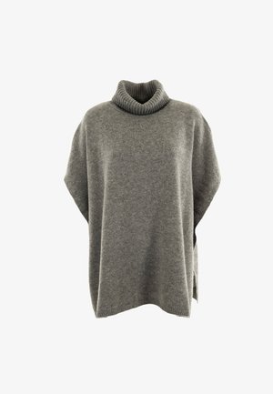 Poncho grigio a collo alto lavorato a maglia, con un colletto a coste e spacchi laterali, caratterizzato da una texture morbida e una forma oversize.