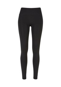 Collant neri realizzati in materiale elastico, con un'alta vita, cuciture piatte e un design elegante e aderente. Nessun motivo o accento.