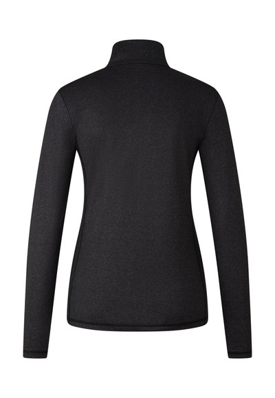 Sort langærmet skjorte med høj krave, lavet af et tekstureret materiale. Har flade sømme og et slankt, tætsiddende design.
