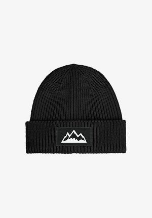 Black rib-knit beanie with a folded cuff featuring a patch with a white mountain range graphic.