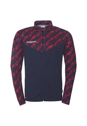 Navy zip-up jacket with red and black diagonal streak pattern on sleeves and collar, featuring a small logo on the left chest.