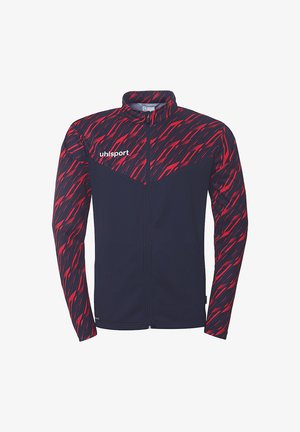 Marineblå zip-up jakke med rød og sort diagonal stribe mønster på ærmerne og kraven, med et lille logo på venstre bryst.