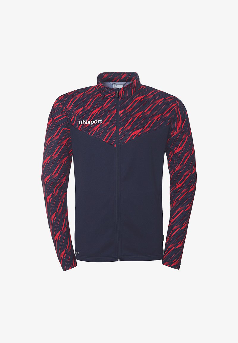 Marineblå zip-up jakke med rød og sort diagonal stribe mønster på ærmerne og kraven, med et lille logo på venstre bryst.