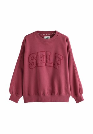 Felpa rosa scuro con scollo rotondo e maniche a sbuffo, con la parola "SELF" ricamata sul petto in grandi lettere.