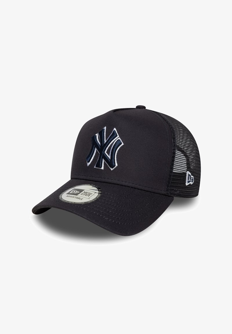 Black baseball cap with a mesh back, featuring a raised embroidered logo. Adjustable strap, curved brim, and textured fabric.