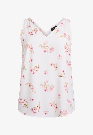 Top bianco senza maniche con scollatura a V, caratterizzato da un motivo floreale in rosa e oro. Realizzato in tessuto leggero con una texture liscia.