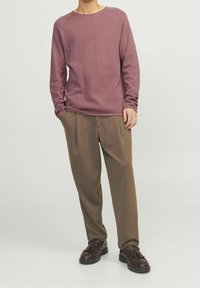 Langärmliger Pullover mit Rundhalsausschnitt in Lavendel mit einer strukturierten Oberfläche, kombiniert mit hellbraunen, plissierten Hosen und braunen Schuhen.