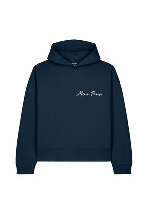 Felpa blu navy con cappuccio, maniche lunghe e "Mira Paris" scritto in corsivo bianco sul petto a sinistra.