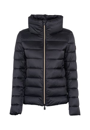 Giacca a vento nera con colletto alto, motivo a canali orizzontali, zip frontale completa e orlo con cordoncino. Tessuto liscio e lucido.