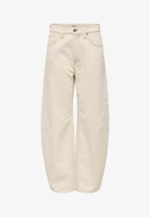 Pantaloni din denim crem, cu croială largă a picioarelor, buzunare față și spate, găici pentru curea și închidere cu nasture în talie.