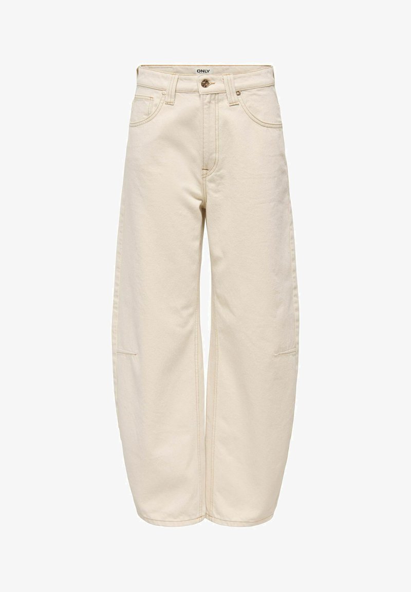 Pantalon en denim crème à jambes larges avec poches devant et derrière, passants pour ceinture et fermeture par bouton à la taille.