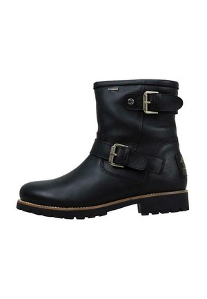 Bottine en cuir noir avec des accents de boucle, semelle robuste, bout rond, surface texturée et doublure imperméable en Gore-Tex.