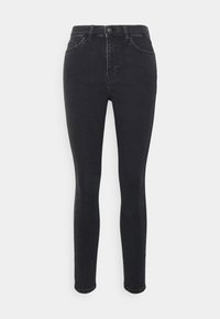 Jeans skinny negros de denim, con cintura alta, cinco pockets y cierre de botón, con una textura suave y un diseño minimalista.