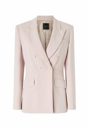 Blazer doppiopetto rosa chiaro realizzato in tessuto liscio, con rever a contrasto, due tasche frontali e dettagli con bottoni.