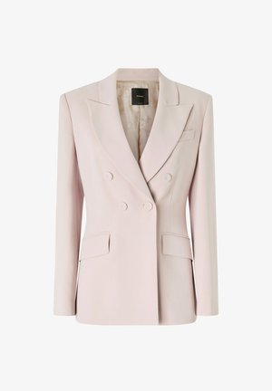 Svijetlo ružičasti dvostruki sako izrađen od glatkog materijala, s reverima, dva prednja džepa i detaljima od dugmadi.