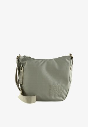 Sac bandoulière gris avec sangle réglable, fermeture éclair et texte embossé "MD 20" sur le devant.