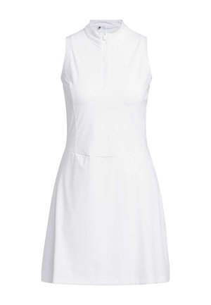 White sleeveless golf dress with a high collar and half-zip front. Made from a smooth, flexible fabric, designed for comfort and mobility.