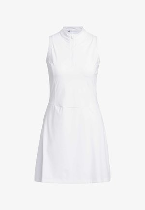 White sleeveless golf dress with a high collar and half-zip front. Made from a smooth, flexible fabric, designed for comfort and mobility.