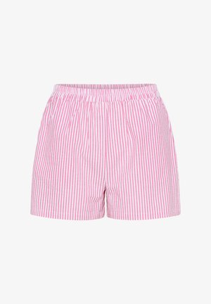 Pamut rövidnadrág, rugalmas derékkal, függőleges rózsaszín és fehér csíkos mintával, laza fazonnal és sima textúrával.