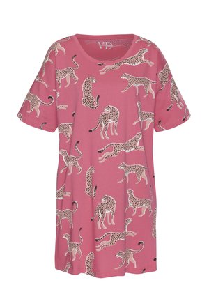 Short-sleeve pink t-shirt featuring a leopard print design in various poses, with a round neckline and soft fabric texture.