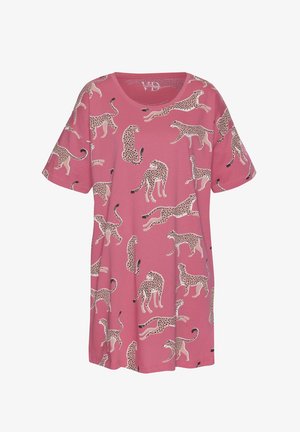 Short-sleeve pink t-shirt featuring a leopard print design in various poses, with a round neckline and soft fabric texture.