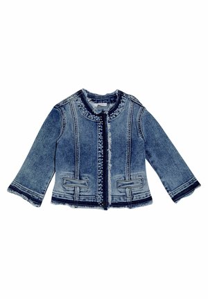 Denim jacket with a fringe collar, long sleeves, pearl embellishments down the front, and two front pockets in a medium blue wash.