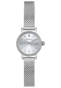 Silberne Mesh-Uhr mit rundem Gehäuse, strukturiertem silbernem Zifferblatt, markanten Stundenmarkierungen und einer Krone an der Seite. Breil-Logo angezeigt.