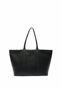 Sac fourre-tout en cuir noir avec des poignées allongées, au design plat et à la texture subtile, présentant trois coutures verticales sur le devant.
