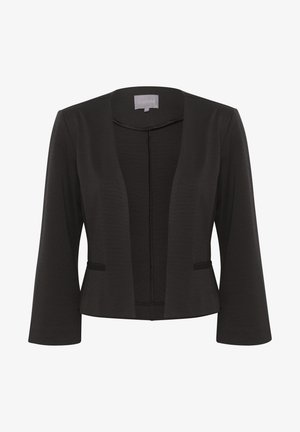 Black blazer with a smooth fabric, open front design, 3/4 sleeves, two front pockets, and subtle textured detailing along the edges.
