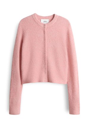 Pink cropped cardigan made of textured fabric, featuring a round neck and six button closures down the front, with long sleeves.