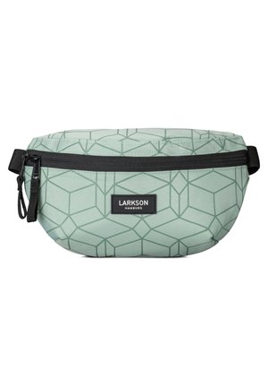 Marsupio verde chiaro con motivo geometrico, zip nero ed etichetta "Larkson Hamburg" al centro davanti.