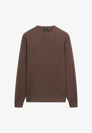 Maglione marrone a maniche lunghe con collo a giro e polsini e orlo a coste, realizzato in tessuto a maglia fine, mostrato su sfondo bianco.