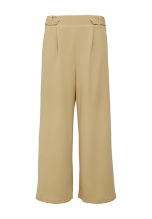 Pantalons beige à jambes larges en tissu lisse, dotés de deux plis devant et d'une taille haute avec deux boutons décoratifs.