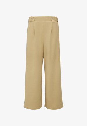 Beige weite Hosen aus glattem Stoff, mit zwei vorderen Falten und einem hohen Taillenbund mit zwei dekorativen Knöpfen.