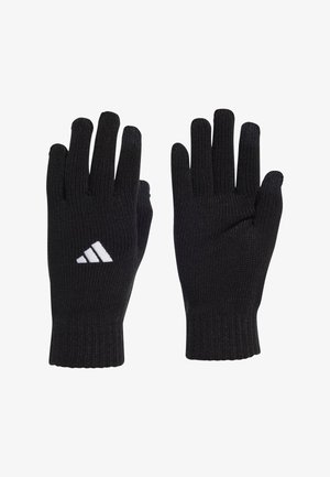 Schwarze gestrickte Handschuhe mit gerippter Textur, die ein weißes Adidas-Logo am Handgelenk aufweisen. Entworfen für Wärme und Komfort.