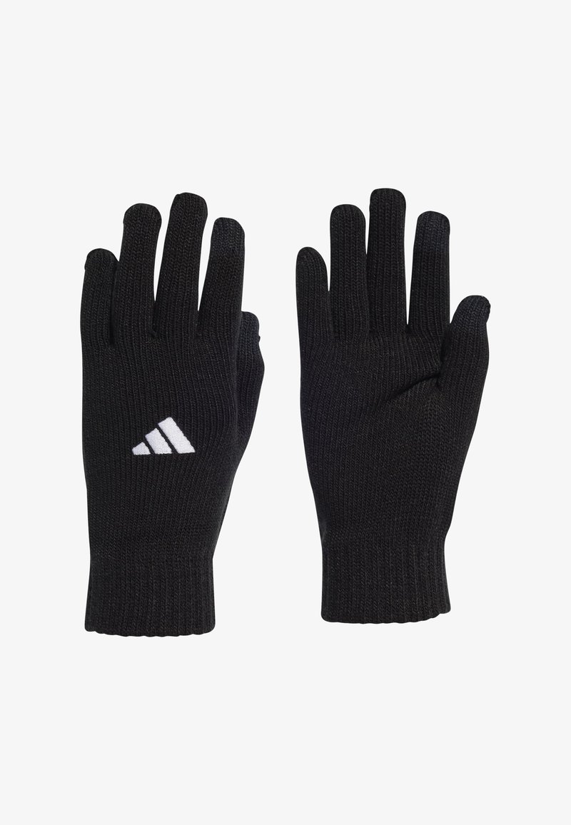 Black knitted gloves with a ribbed texture, featuring a white Adidas logo on the wrist. Designed for warmth and comfort.