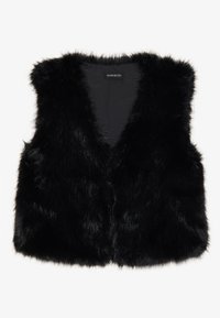 Black faux fur vest with a v-neckline, sleeveless design, and soft, textured fabric. Lined interior with no visible fastenings.