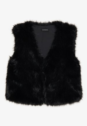 Black faux fur vest with a v-neckline, sleeveless design, and soft, textured fabric. Lined interior with no visible fastenings.