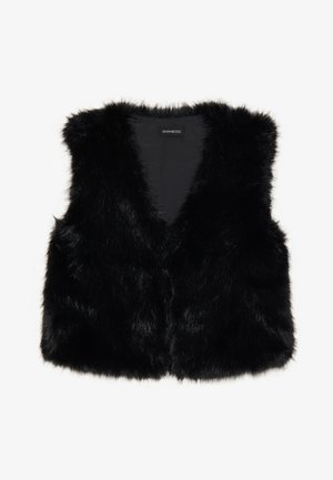 Gilet en fausse fourrure noire avec un décolleté en V, une conception sans manches et un tissu doux et texturé. Intérieur doublé sans fermetures visibles.