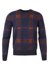 Pull bleu marine avec un motif à carreaux en orange et bleu. Col rond et poignets côtelés, fabriqué en tissu doux et texturé. Coupe régulière.